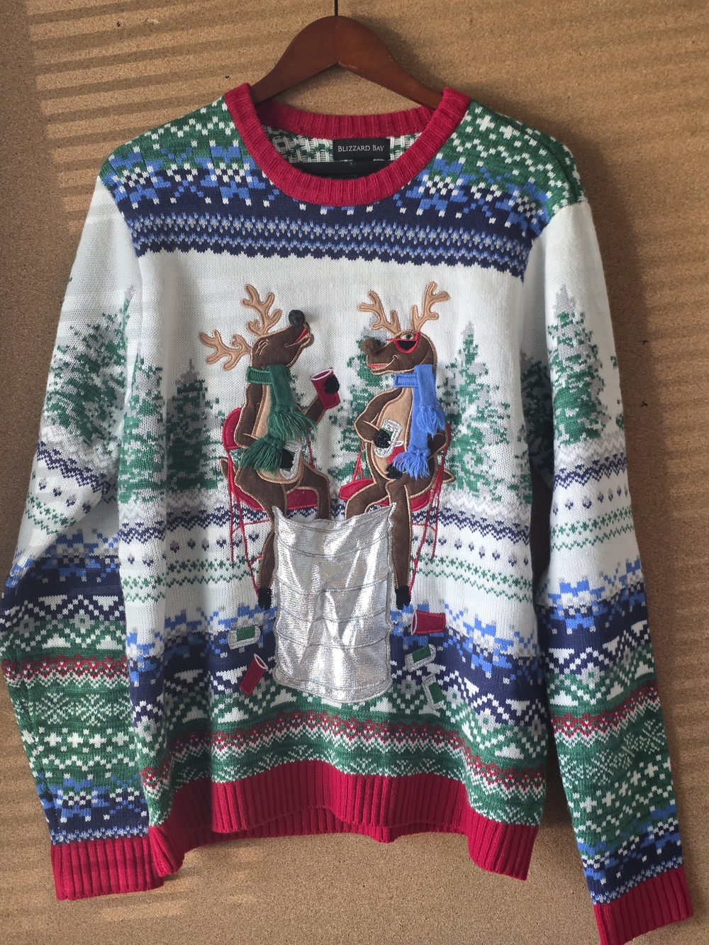 Blizzard Bay Men XL Ugly Christmas Sweater Brewdolph Reindeer Beer Pouch Holder